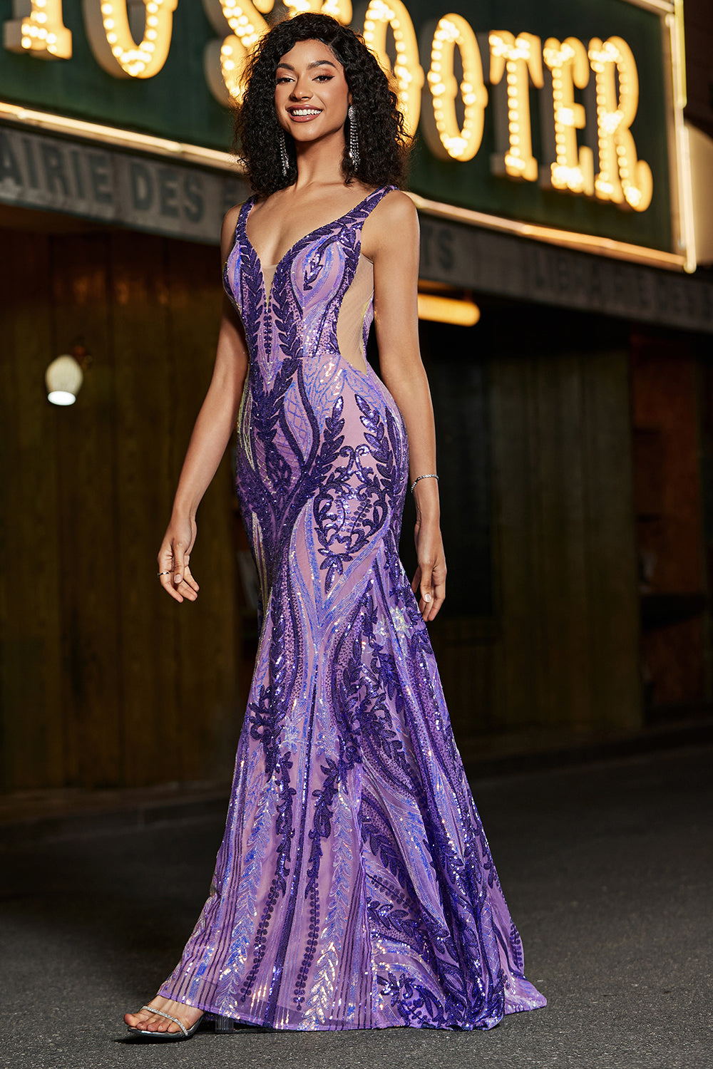 Sparkly Sirena Scollo a V Paillettes Viola Scuro Abito Lungo Prom con Schiena Aperta