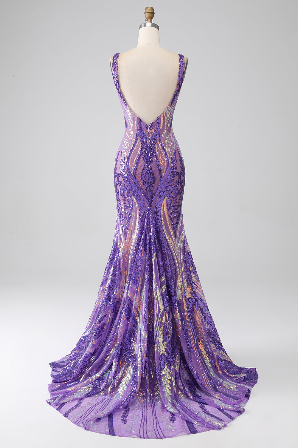 Viola scuro sirena con scollo a V paillettes abito lungo da ballo