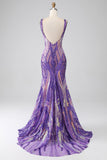 Viola scuro sirena con scollo a V paillettes abito lungo da ballo