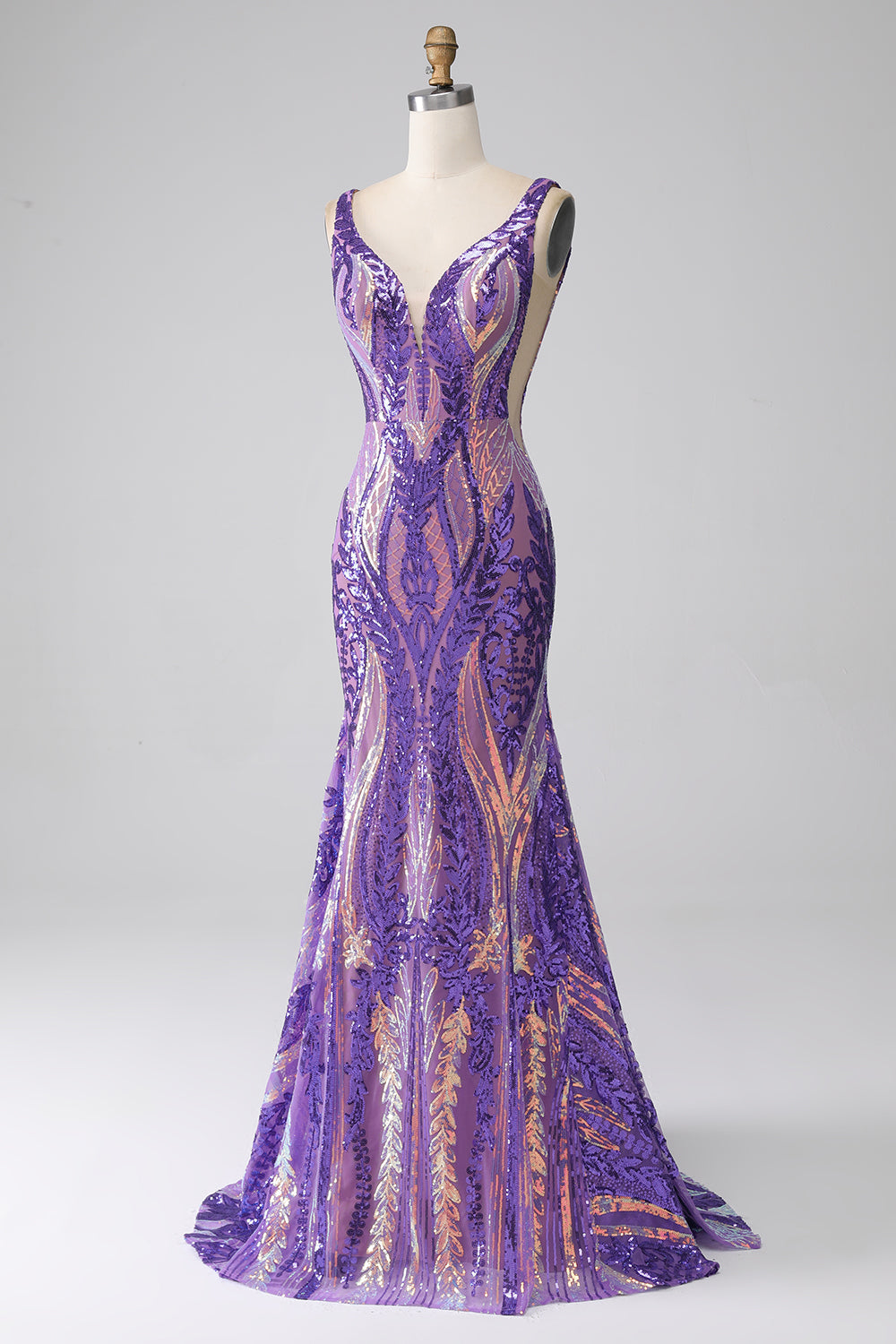 Viola scuro sirena con scollo a V paillettes abito lungo da ballo