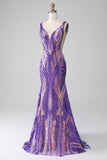 Viola scuro sirena con scollo a V paillettes abito lungo da ballo