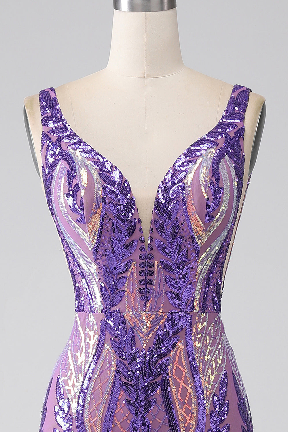 Viola scuro sirena con scollo a V paillettes abito lungo da ballo