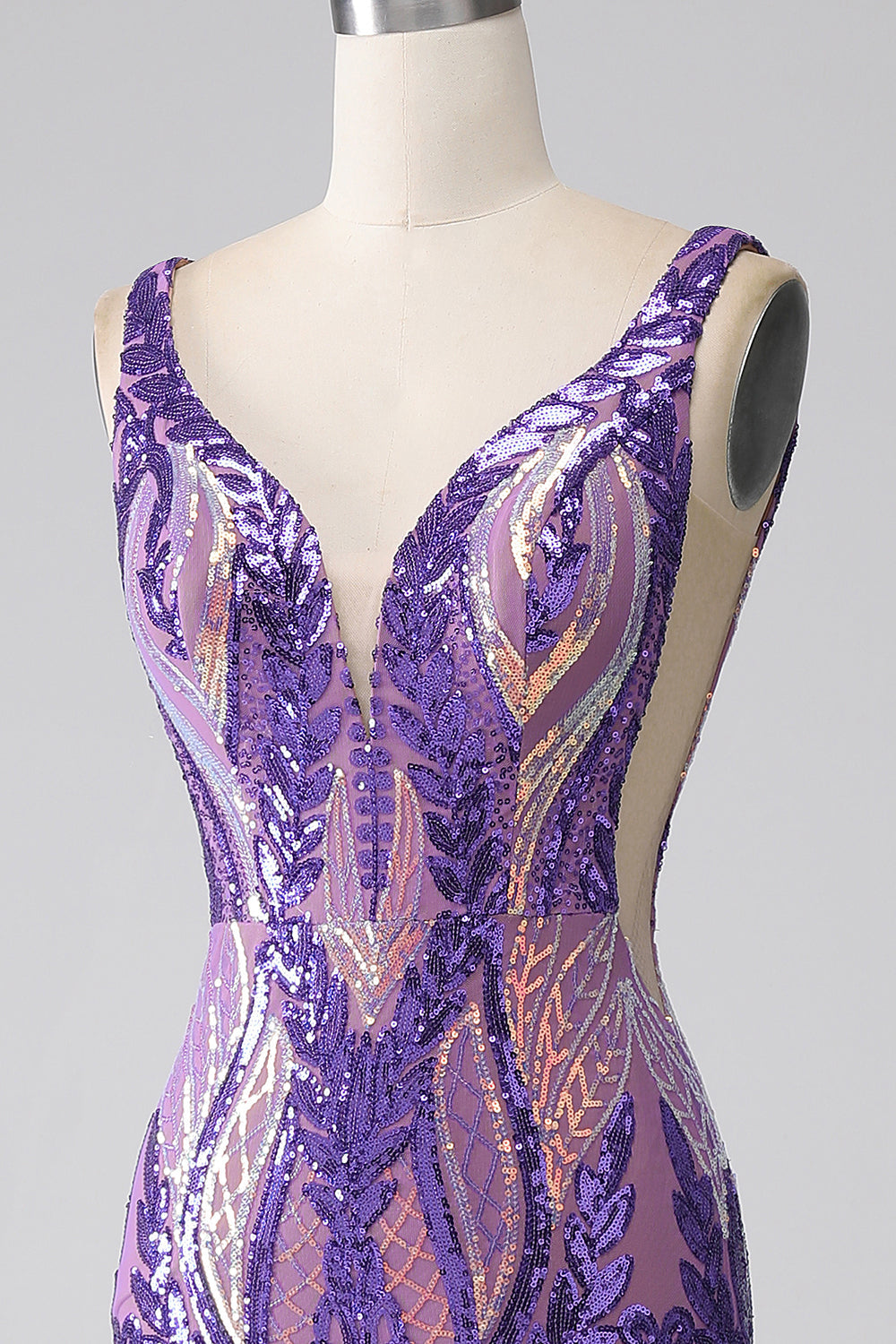 Viola scuro sirena con scollo a V paillettes abito lungo da ballo