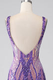 Viola scuro sirena con scollo a V paillettes abito lungo da ballo