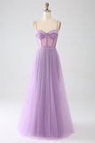 A-Line Lilac Spaghetti Straps Abito da ballo corsetto lungo