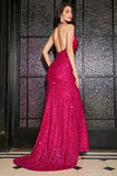 Hot Pink Sirena Halter Paillettes Abito da ballo con fessura
