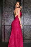 Hot Pink Sirena Halter Paillettes Abito da ballo con fessura