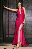 Hot Pink Sirena Halter Paillettes Abito da ballo con fessura