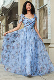 Abito lungo lungo con spalline regolabili stampate blu A-Line