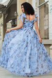 Abito lungo lungo con spalline regolabili stampate blu A-Line