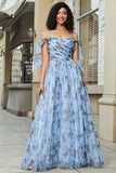 Abito lungo lungo con spalline regolabili stampate blu A-Line