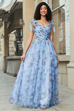 Abito lungo lungo con spalline regolabili stampate blu A-Line