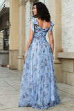 Abito lungo lungo con spalline regolabili stampate blu A-Line