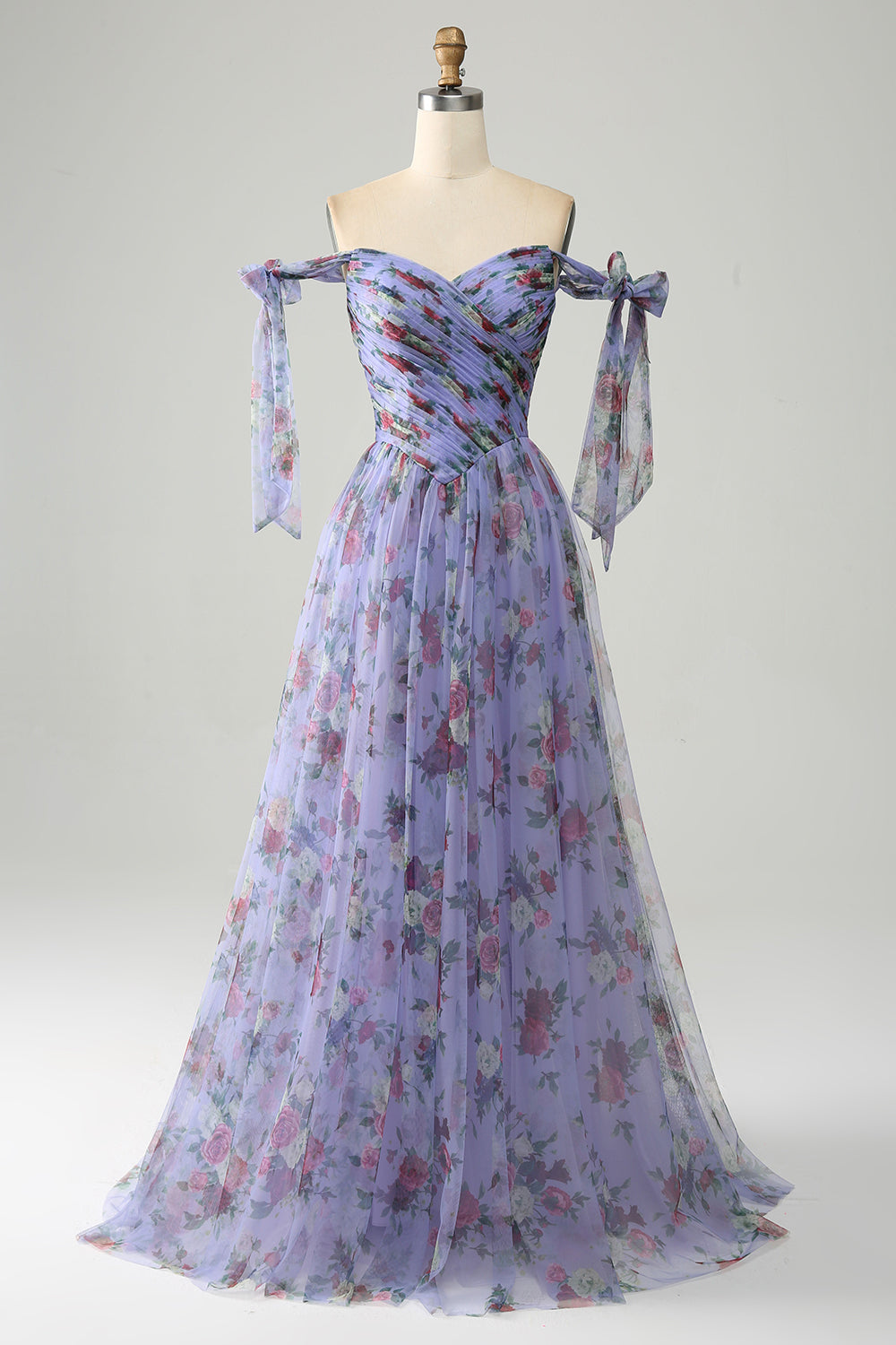 Abito da ballo in tulle con stampa floreale lavanda con pieghe