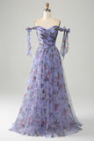 A-Line Lavanda Stampato Spalline Regolabili Abito Lungo Prom