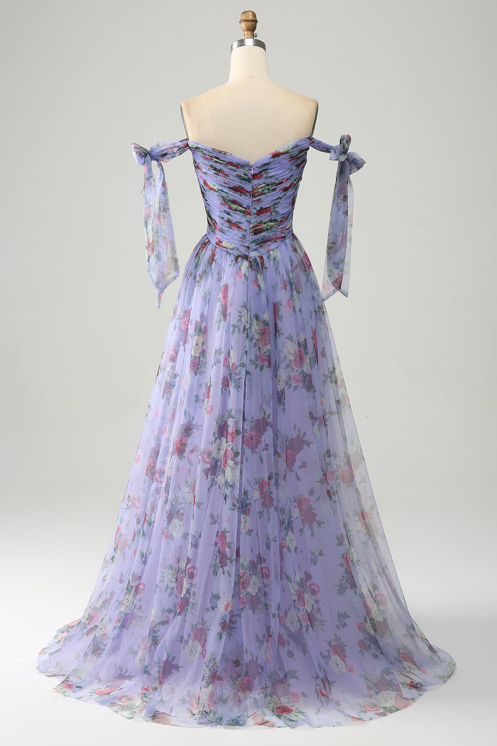 Abito da ballo in tulle con stampa floreale lavanda con pieghe