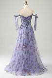 Abito da ballo in tulle con stampa floreale lavanda con pieghe