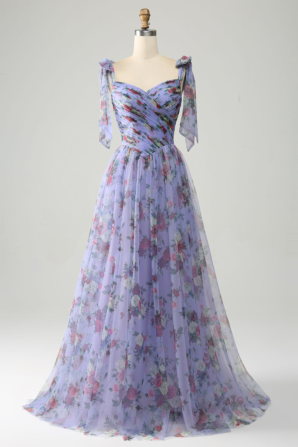 Abito da ballo in tulle con stampa floreale lavanda con pieghe