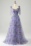 Abito da ballo in tulle con stampa floreale lavanda con pieghe