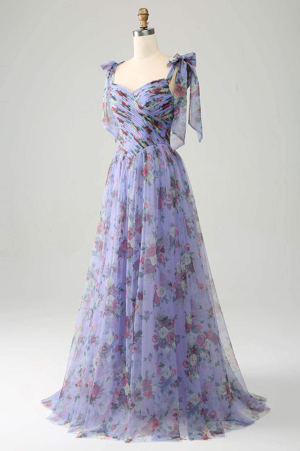 Abito da ballo in tulle con stampa floreale lavanda con pieghe