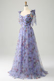 Abito da ballo in tulle con stampa floreale lavanda con pieghe
