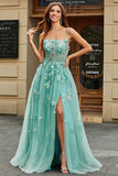 Abito da ballo corsetto in tulle verde a trapezio con applicazioni