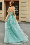 Abito da ballo corsetto in tulle verde a trapezio con applicazioni
