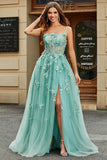 Abito da ballo corsetto in tulle verde a trapezio con applicazioni