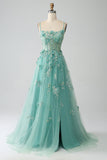 Verde A-Line Spaghetti Straps lungo Corsetto Prom Dress con Appliques