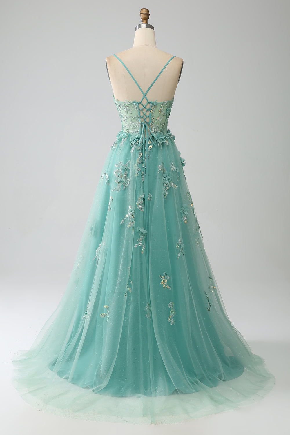 Verde A-Line Spaghetti Straps lungo Corsetto Prom Dress con Appliques