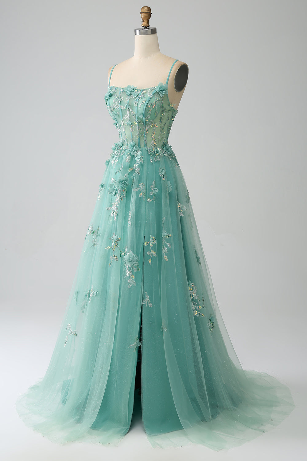 Verde A-Line Spaghetti Straps lungo Corsetto Prom Dress con Appliques