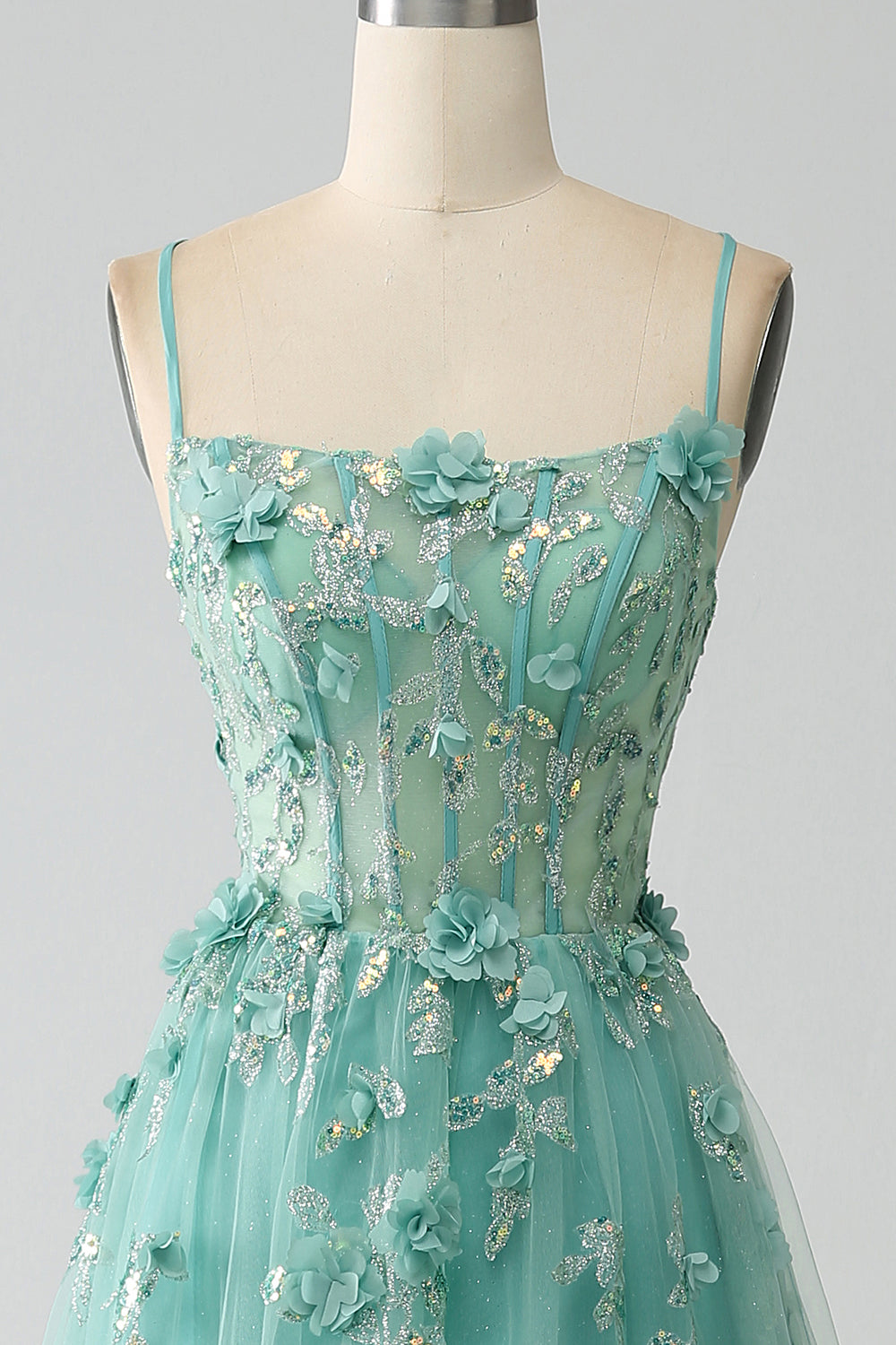 Verde A-Line Spaghetti Straps lungo Corsetto Prom Dress con Appliques
