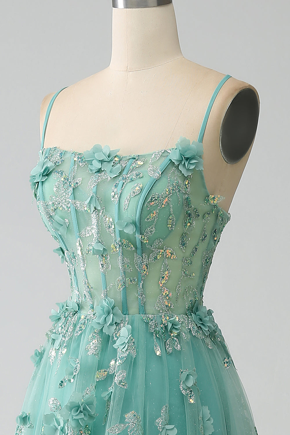 Verde A-Line Spaghetti Straps lungo Corsetto Prom Dress con Appliques