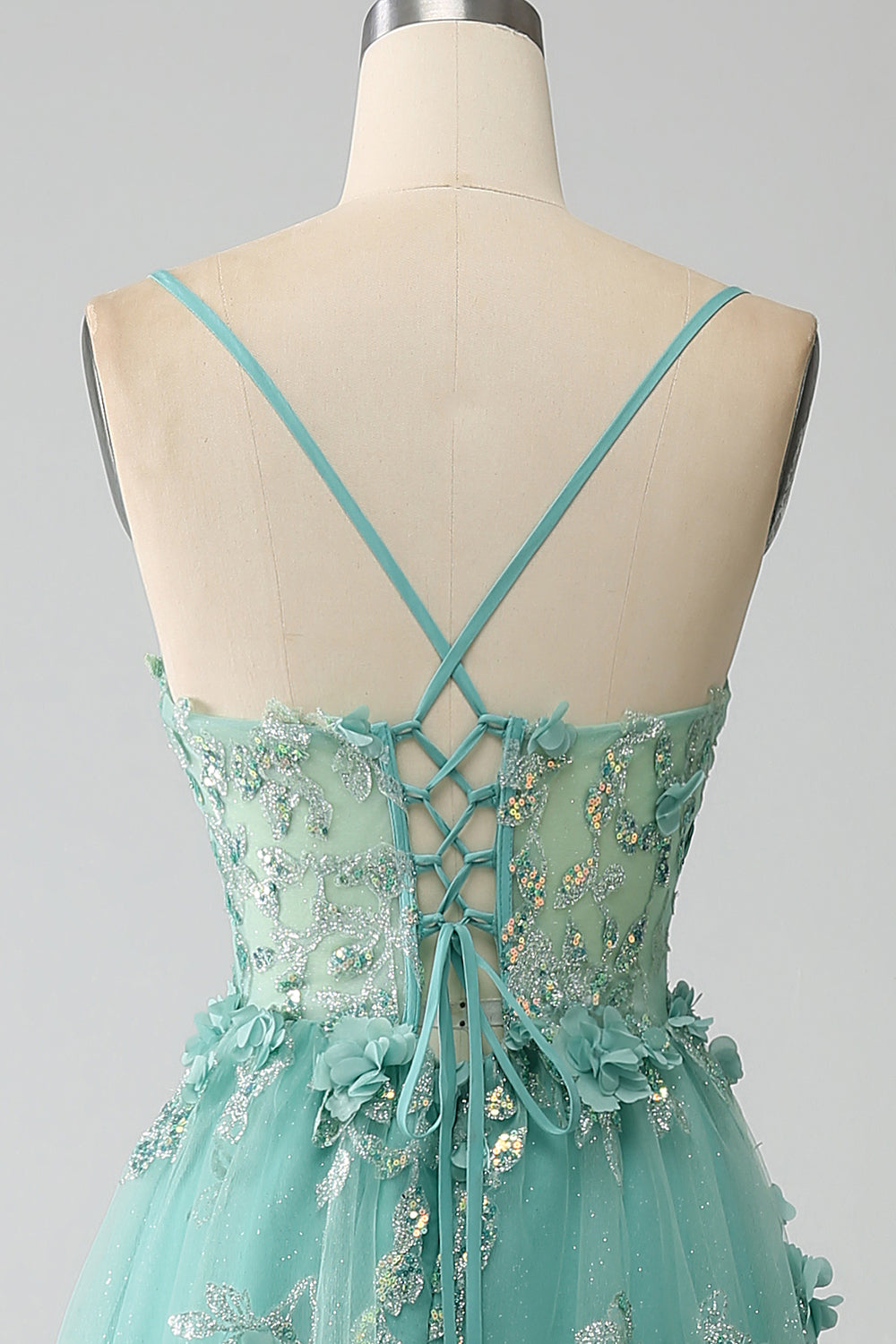 Verde A-Line Spaghetti Straps lungo Corsetto Prom Dress con Appliques