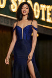 Sparkly Navy Mermaid Corsetto lungo in rilievo Prom Dress con fessura