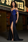 Sparkly Navy Mermaid Corsetto lungo in rilievo Prom Dress con fessura
