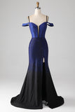 Sparkly Navy sirena lungo corsetto abito da ballo con fessura