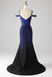 Sparkly Navy sirena lungo corsetto abito da ballo con fessura