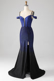 Sparkly Navy sirena lungo corsetto abito da ballo con fessura