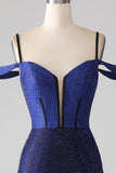 Sparkly Navy sirena lungo corsetto abito da ballo con fessura