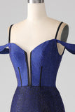 Sparkly Navy sirena lungo corsetto abito da ballo con fessura
