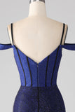 Sparkly Navy sirena lungo corsetto abito da ballo con fessura