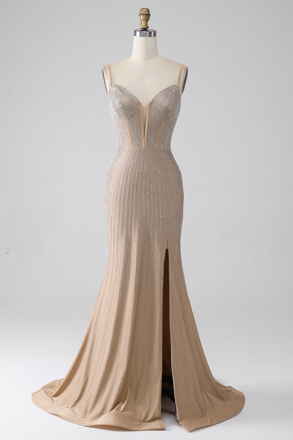 Sparkly Champagne Mermaid Spaghetti Straps Abito da ballo lungo con fessura