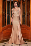 Di moda Sirena Spalline sottili Champagne Corsetto Abito da ballo con perline