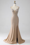Sparkly Champagne Mermaid Spaghetti Straps Abito da ballo lungo con fessura