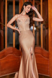 Di moda Sirena Spalline sottili Champagne Corsetto Abito da ballo con perline