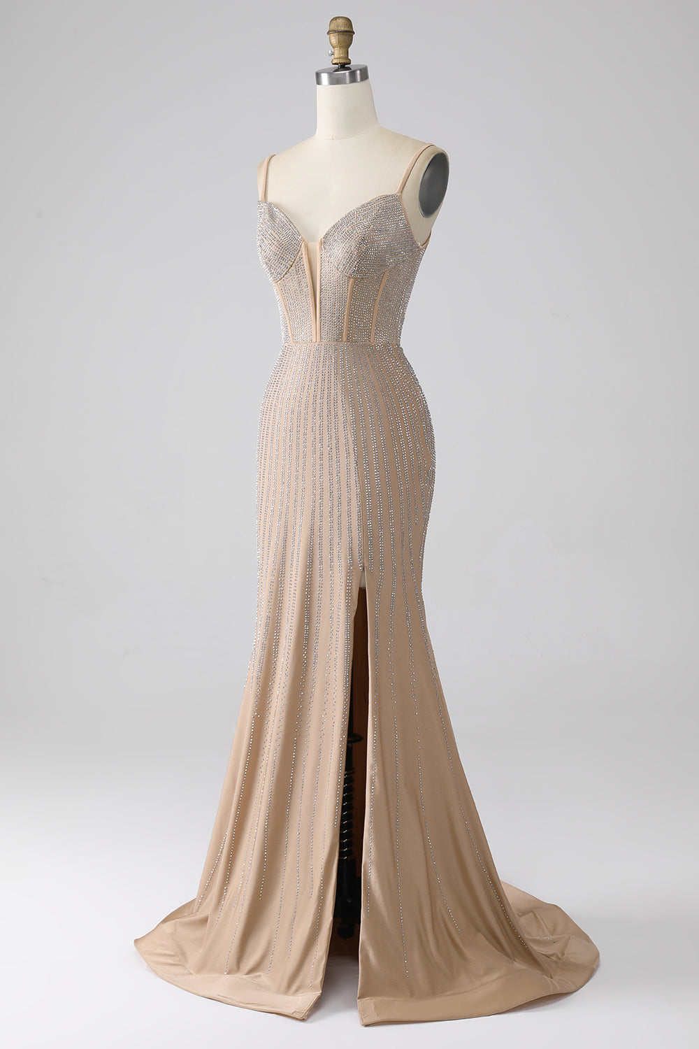 Sparkly Champagne Mermaid Spaghetti Straps Abito da ballo lungo con fessura