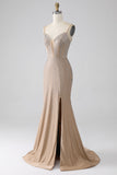 Sparkly Champagne Mermaid Spaghetti Straps Abito da ballo lungo con fessura