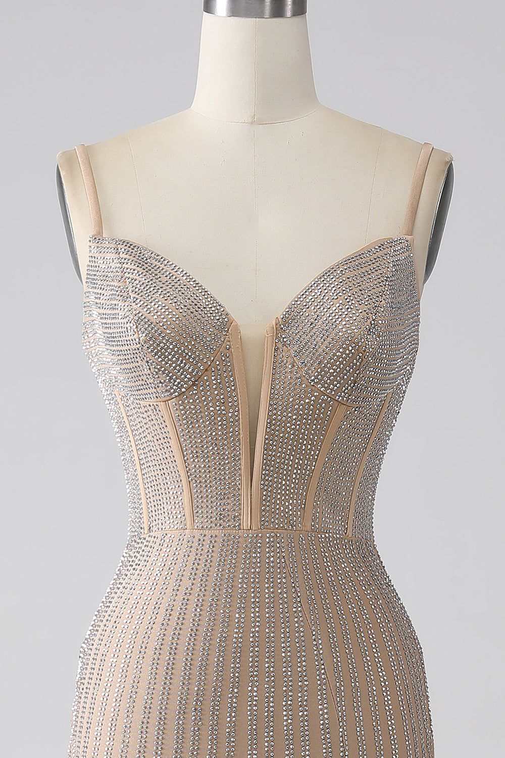 Sparkly Champagne Mermaid Spaghetti Straps Abito da ballo lungo con fessura