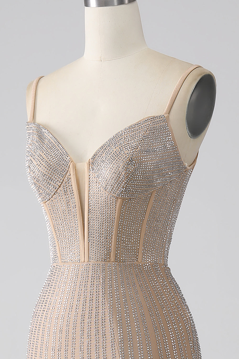 Sparkly Champagne Mermaid Spaghetti Straps Abito da ballo lungo con fessura
